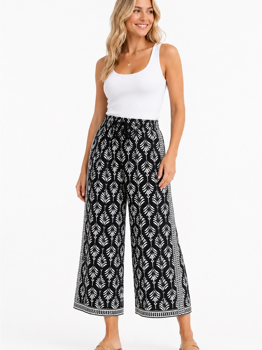 Black Ibis Wide Leg Printed Palazzo Pants Medium Boho Casual Summer